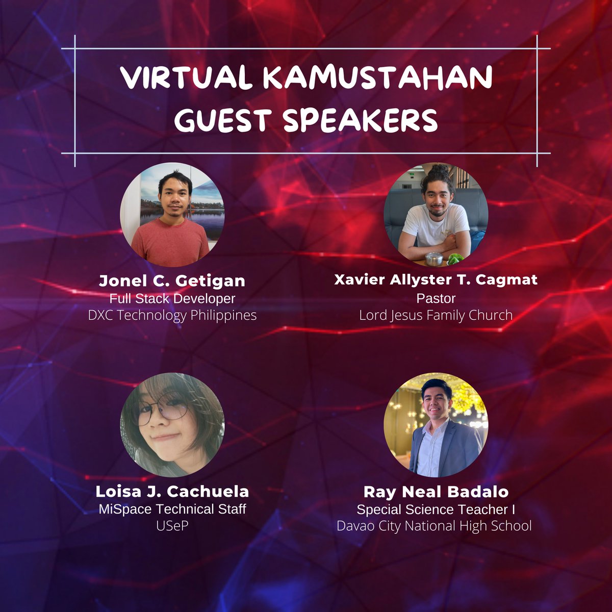 CSS_USeP's tweet image. [𝐀𝐍𝐍𝐎𝐔𝐍𝐂𝐄𝐌𝐄𝐍𝐓]

Yay! Here&apos;s our alumni guests who will serve as panelists in our &quot;Virtual Kamustahan with the Alumni&quot; this February 11, 1:00 PM via Zoom! Let&apos;s ask them how did they survive the CS program and how the University has helped them in their present career!