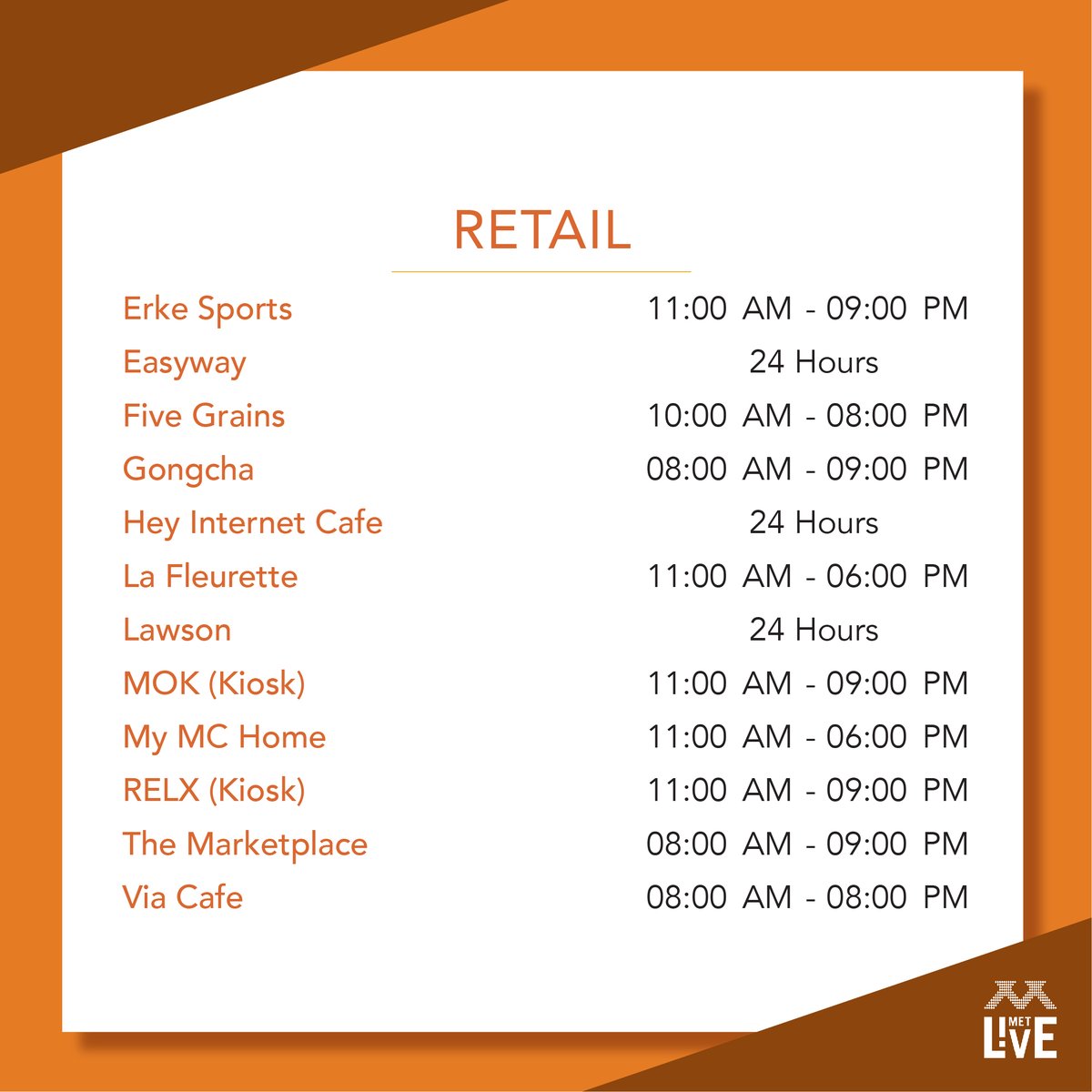 MetLivePH's tweet photo. Make Met Live a part of your 2022 habit. With shops and restaurants all around, there’s every thing you need in one place! Here’s our latest mall and store schedules as of Feb 2022 for your reference: https://t.co/UI3H7UdRH1