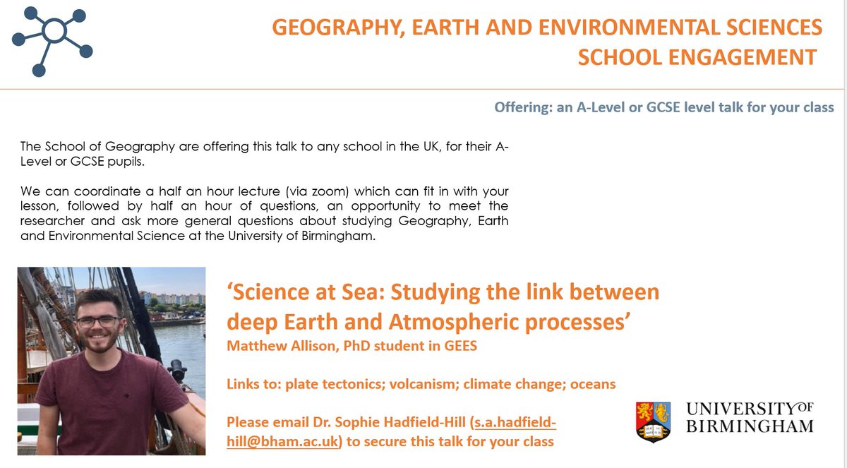 The talk 'Science at Sea: Studying the link between deep Earth and Atmospheric processes' is offered by Matthew Allison (PhD researcher in GEES) <a href="/Matt_S_Allison/">Matt_Allison</a>

Matthew can join your class via zoom for this talk and questions.

#geographyteacher #aqa #edexcel #ocr