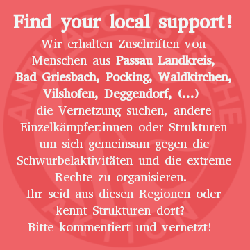 Wir erhalten Zuschriften von Menschen aus dem Landkreis #Passau und Co, die lokale Strukturen suchen um sich gegen Schwurbelz und Rechtsextreme zu organisieren. Kennt ihr in den Regionen Menschen, Strukturen, Gruppierungen, Bündnisse... die sich vernetzen lassen?