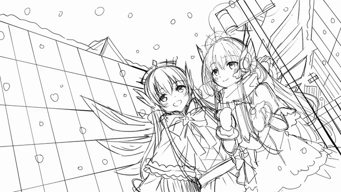 下書き出来た!!(^ω^)
冬の金アイちゃん&amp;銀アイちゃんです 