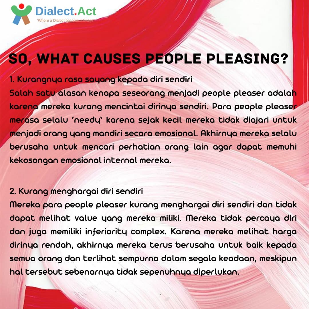 DialectAct's tweet photo. Hi, Dialectors!✨​​Pernah bertemu dengan orang yang kesulitan untuk berkata tidak terhadap permintaan orang lain meskipun itu merugikan diri mereka? Hal tersebut merupakan salah satu tanda-tanda seorang people pleaser. #dialectact #dialectors #salamdialectors #education #career https://t.co/yfeNCyr4AV