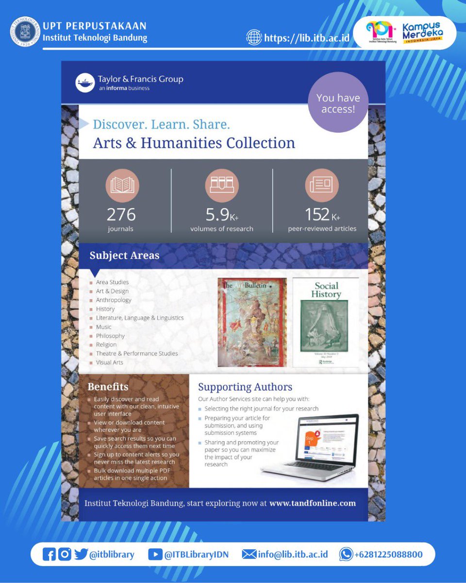 ITBLibrary's tweet photo. Taylor and Francis merupakan salah satu e-journal yang dilanggan oleh ITB dengan koleksi Art and Humanities. https://t.co/vY90loJUAo
