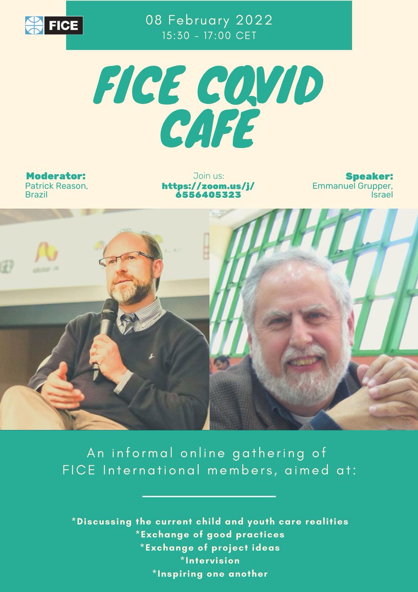 We are very happy to invite you to the next FICE COVID CAFÈ, which will take place on 08 February, 2022 from 15:30 to 17:00 CET.
Register: forms.gle/Bshm8JUzNwz1fE…
Or just pop into the meeting: zoom.us/j/6556405323