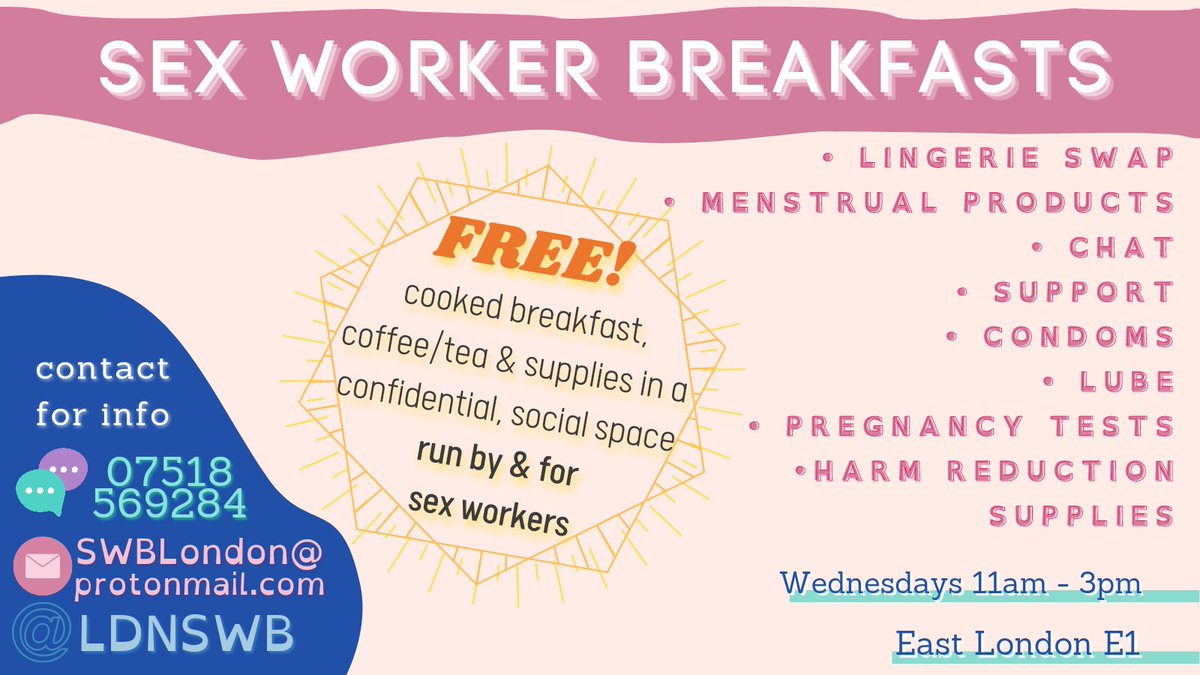 SEX WORKER BREAKFASTS in London today! 
Every Wednesday 11am - 3pm 
A relaxed social community space with free hot food, safer sx supplies, lingerie swap, menstrual products etc - dm us for info xx