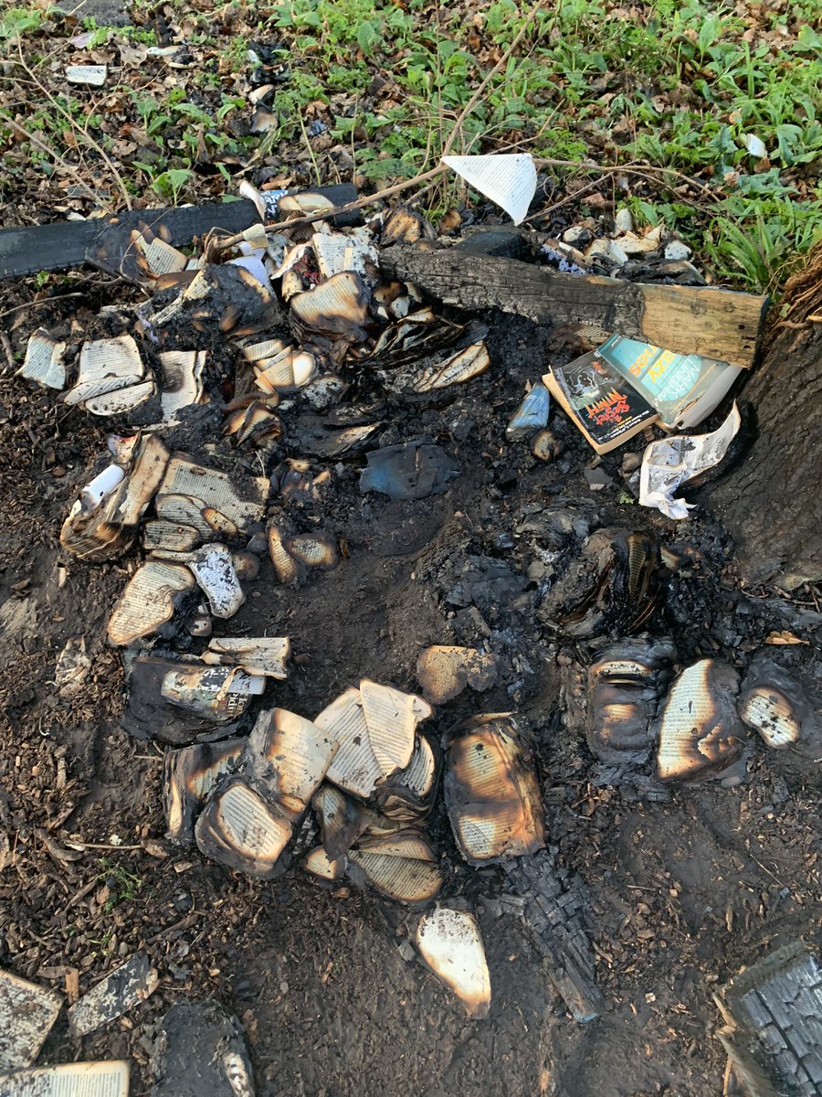 NatalieGrayITV's tweet photo. Utterly heartbroken that someone could destroy our little libraries in @OldLibraryWood - pointless vandalism - books set on fire . https://t.co/4vStVfAboP