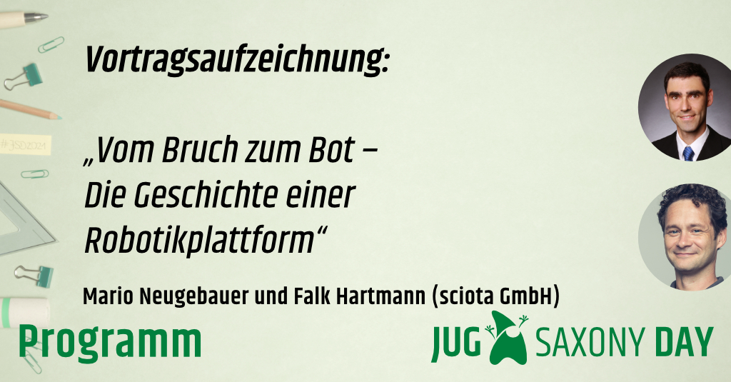 Ab sofort könnt ihr Euch die Vortragsaufzeichnung von Mario Neugebauer und Falk Hartmann zum Thema „Vom Bruch zum Bot – Die Geschichte einer Robotikplattform“ vom JUG Saxony Day 2021 noch einmal anschauen.

Zum Video: jug-saxony-day.org/vortragsrankin…

Viel Spaß beim Anschauen!

#JSD2021