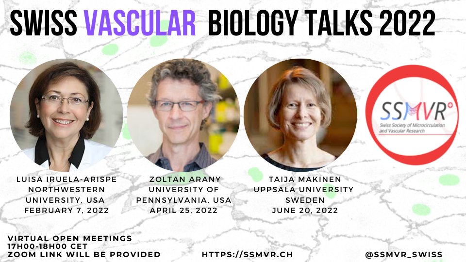Mark the dates for upcoming virtual Swiss Vascular Biology talks!

February 7, 2022
Luisa Iruela-Arispe
labs.feinberg.northwestern.edu/arispe/index.h…

April 25, 2022
Zoltan Arany
med.upenn.edu/aranylab/

June 20, 2022
Taija Makinen
makinenlab.com