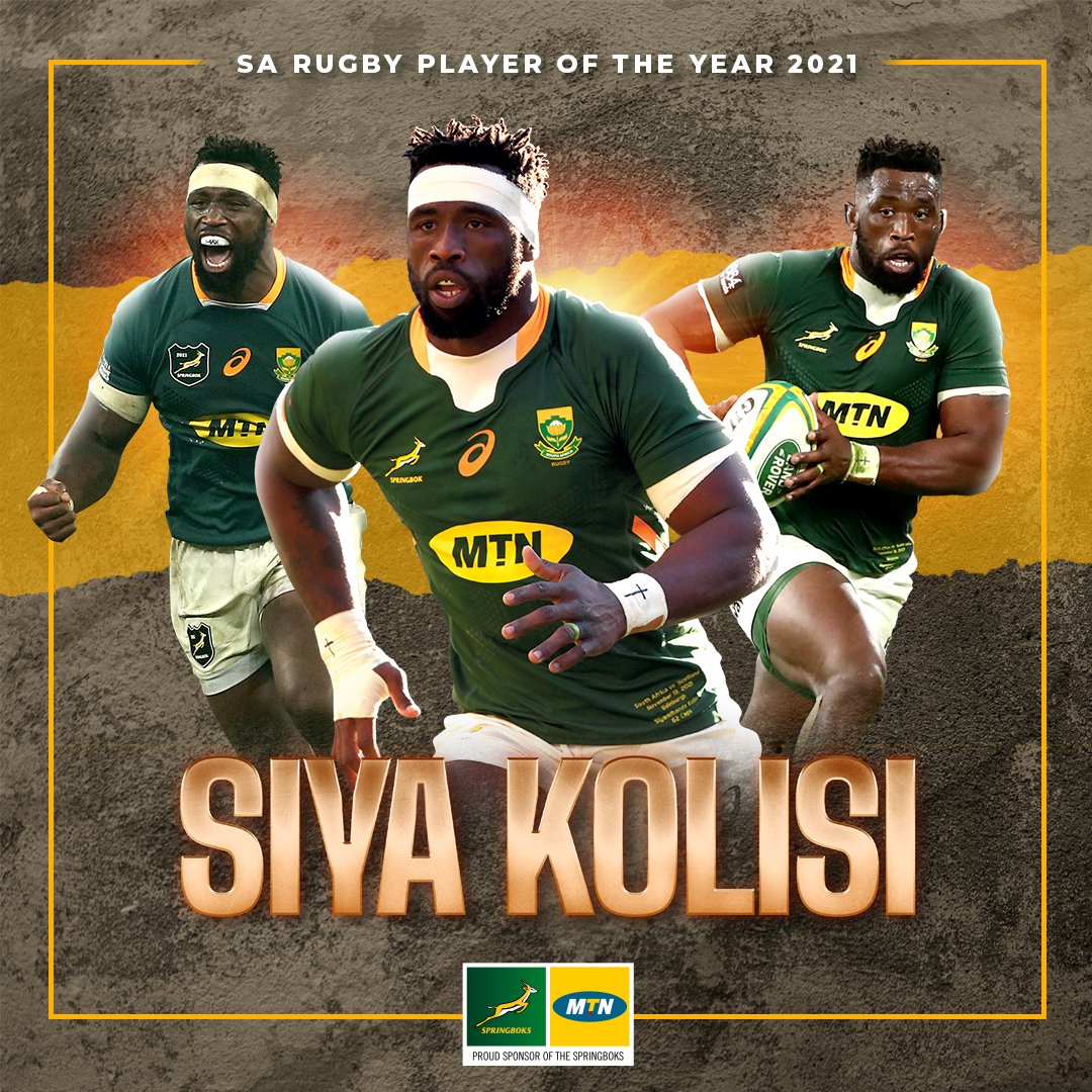 Springboks's tweet photo. 🇿🇦 Ladies and gentlemen, your SA Rugby Player of the Year for 2021 is none other than our Springbok captain, @SiyaKolisi, who led by example and is the only player to feature in all 13 Tests last year. Siyavuyisana nawe Siya! #SARugbyAwards #StrongerTogether #StrongerForever https://t.co/q0VtoKQO8E