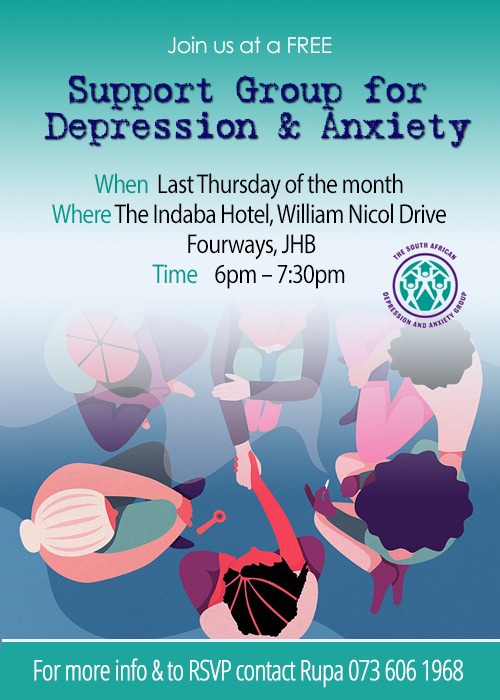 TheSADAG's tweet photo. If you live in and around the Fourways area - there is a FREE Depression and Anxiety Support Group Meeting TOMORROW. For more info &amp;  to RSVP, contact Rupa. 
SHARE this post if someone in your feed may benefit from joining. 
#Depression #Anxiety  #SupportGroupAwarenessWeek https://t.co/IVYXxhFFnT