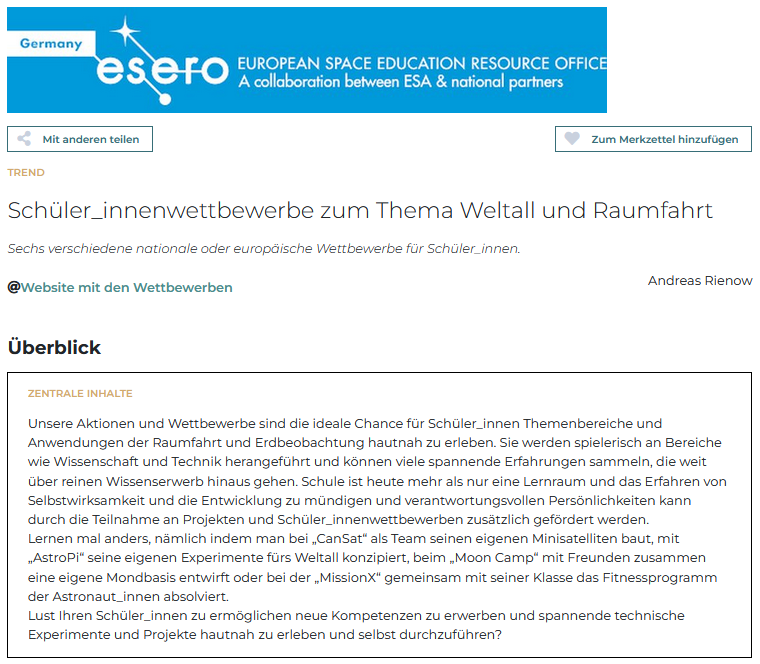 digilearninglab's tweet image. Neuer Trendbaustein veröffentlicht: 
Konkrete Ideen und Beispiele von @eseroDE dazu, wie Schülerinnen und Schüler durch nationale und europäische Wettbewerbe die Themen Raumfahrt und Erdbeobachtung hautnah erleben können:
digitallearninglab.de/trends/schuler…
#twlz