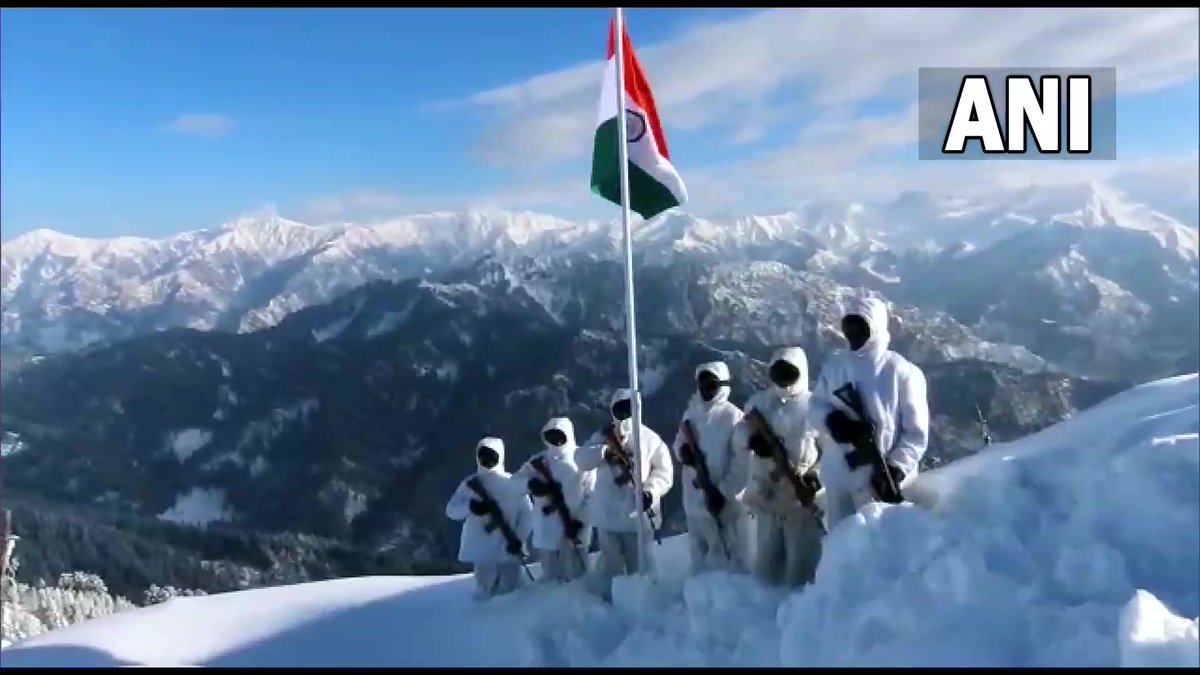 ANI's tweet photo. J&amp;K: Indian Army jawans, deployed at LoC in Poonch, unfurled the national flag on #RepublicDay https://t.co/UY8UHL8phF