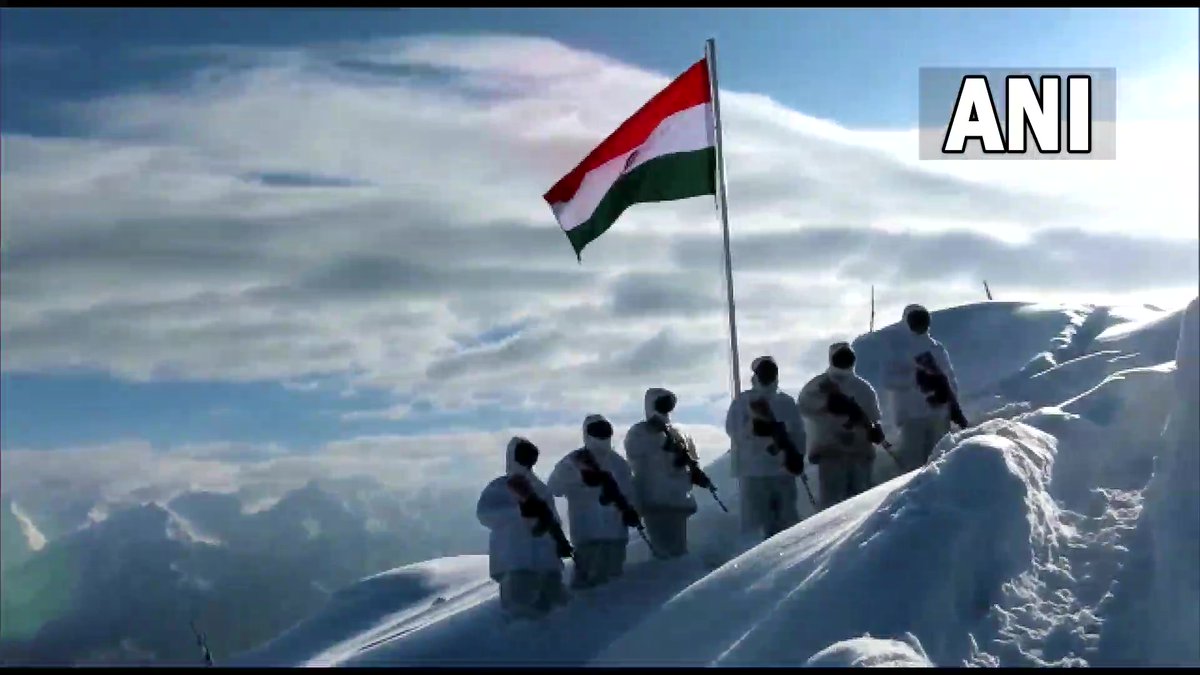 ANI's tweet photo. J&amp;K: Indian Army jawans, deployed at LoC in Poonch, unfurled the national flag on #RepublicDay https://t.co/UY8UHL8phF