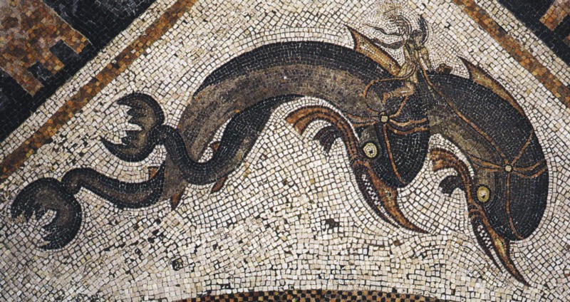 Roman-era floor mosaic on Delos depicting Eros riding on dolphins, c. 120–80 BC.