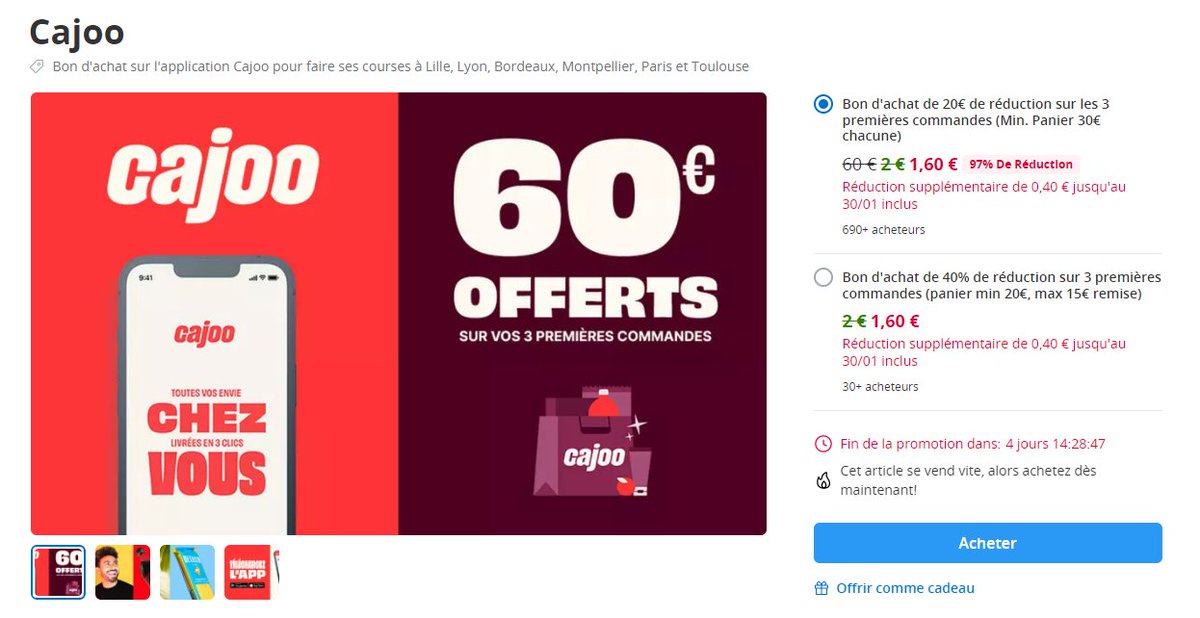 Carrefour sur Veepee ⚔️ Cajoo sur Groupon
2 salles, 2 ambiances 🤔
D'un côté, 15€ offerts pour une commande minimum de 80€.
De l'autre, 20€ offerts sur 3 commandes avec un minimum à...30€ !