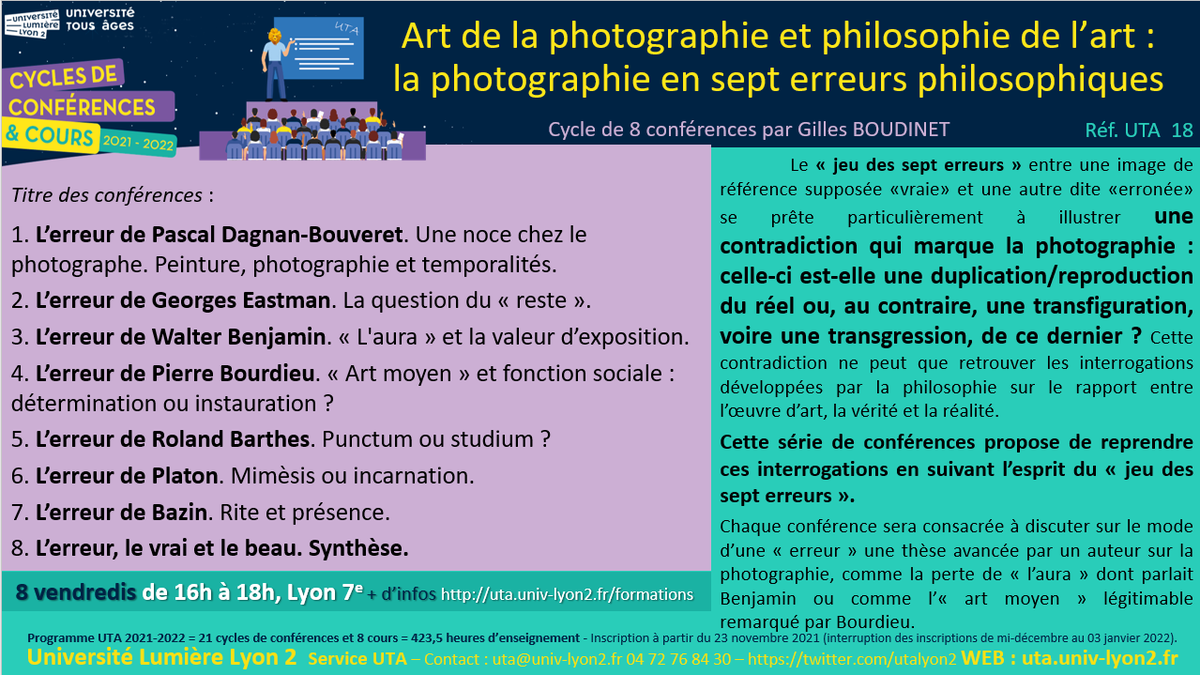 Art de la #photographie et philosophie de l’#art : la photographie en 7 erreurs philosophiques
📸🎨Contradiction qui marque la photo : une duplication/reproduction du réel ou une transfiguration, voire transgression, du réel ?
Début vendredi
Un regret ?
S'inscrire vite UTA réf18