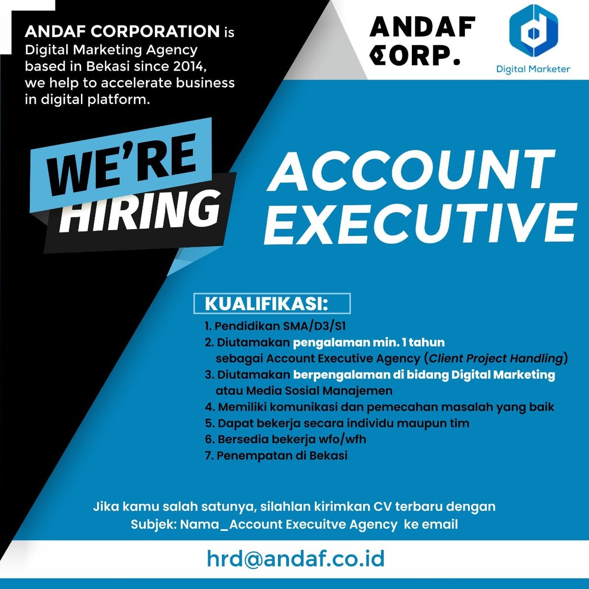 LowonganKami's tweet photo. #Hiring Account Executive - Bekasi 

Tolong diretweet ya kak @mas_recruiter @karirmuid @hrdbacot @apamungkasa @bursaloker @LokerBekasiID @careernesia thank you

#lokercot #LokerPam #LokerMase #lokerupdate #lowongankerja #bekasi #infobekasi #InfoLoker https://t.co/YpkJk55Dd2
