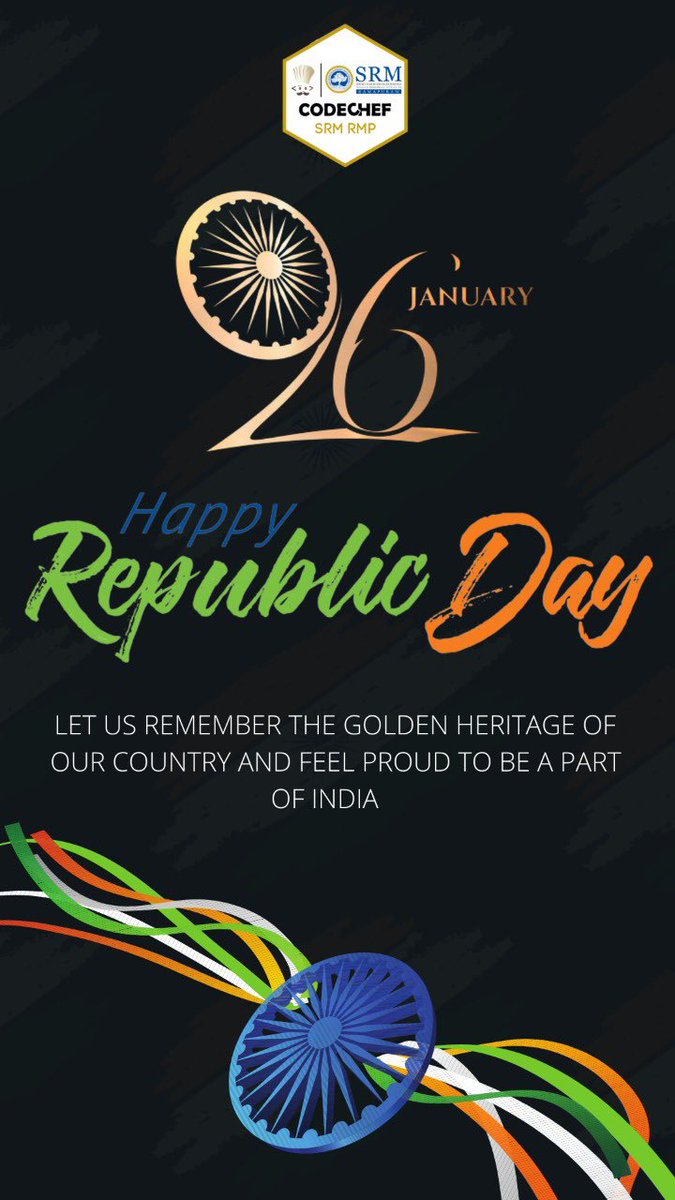 CodeChefSrmRmp's tweet photo. On this special occasion, let us make a promise to our motherland that we will do all we can to enrich and preserve our heritage and our national ethos. Wishing you all a very Happy Republic Day 2022!🇮🇳
#CodeChefSRMRMP #RepublicDayIndia https://t.co/yMOROx3AD7