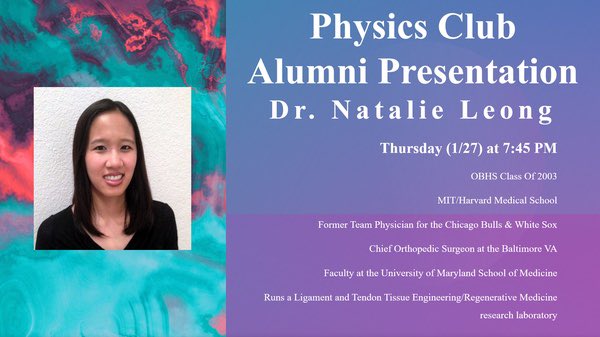 Alumni Dr. Natalie Leong will be speaking with us this Thursday at 7:45pm virtually!