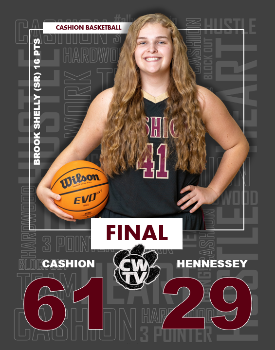 HUGE WIN FOR CASHION TONIGHT!
Bounce back Tuesday as Cats had 10 different players score on the road at Hennessey.

Seniors <a href="/BrookShelly12/">Brook Shelly</a> &amp; <a href="/laurenlamb111/">laurenlamb11</a> with 16 pts each on the night!

<a href="/lojenk13/">lauren jenkins</a> 8 pts
@megan23153 8 pts.

Catch archived game at cashionwildcats.tv