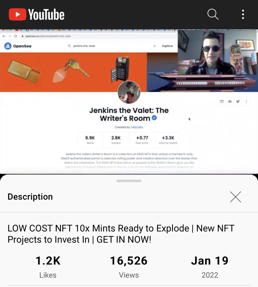 cooItimes's tweet photo. I know some people in this space think NFT youtubers are cringey. but I truly think everyone should subscribe to my channel ASAP. 

6 days ago I said @jenkinsthevalet was the most undervalued project at .77 (check screenshot)

6 days later, it’s at 1.9eth and rising fast. https://t.co/TWXInrJqTX