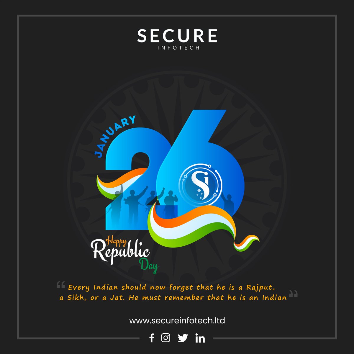 SecureInfotech1's tweet image. Everyone – young or old, dark or light-skinned, tall or short, must come together today to prove to the world that this country is the best in the world. Have a great Republic Day!
#RepublicDay2022 #SecureInfotech #JaiHind #26january #Nation