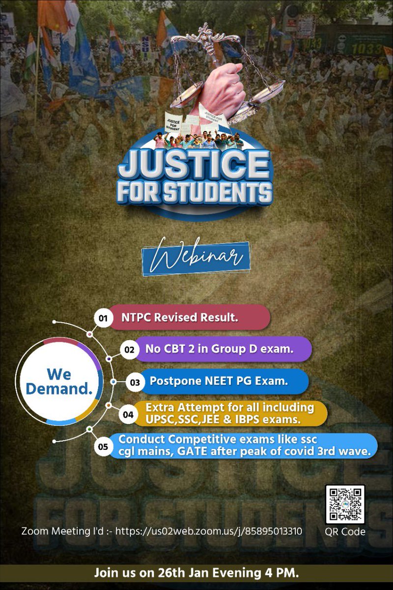 GovindaGoswami_'s tweet photo. ◆ #RRBNTPC_1student_1result
◆ #postponeneetpg2022
◆ #ExtraAttemptForAllStudents.
◆ #postponegate2022
#postpone_cgl_mains_2020
◆ #no_cbt_2_in_group_d
Join us tomorrow 26th Jan at 4 PM
Scan QR Code or join https://t.co/3pJ6hj9QH4
#JusticeForStudents https://t.co/WYouAqr15s