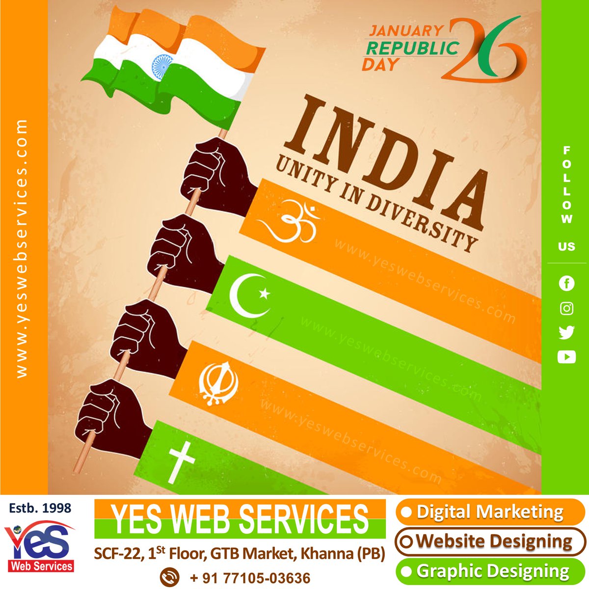 yeswebservices's tweet photo. 🇮🇳 Happy Republic Day 🇮🇳
Let’s welcome development in the republic India. With faith in our hearts and independence in our thoughts, let's salute the Nation.
#happyrepublicday #yeswebservices #khanna #services #republicday #indianarmy #india #indian #army #proudtobeindian #pround https://t.co/dLwWSawtDW