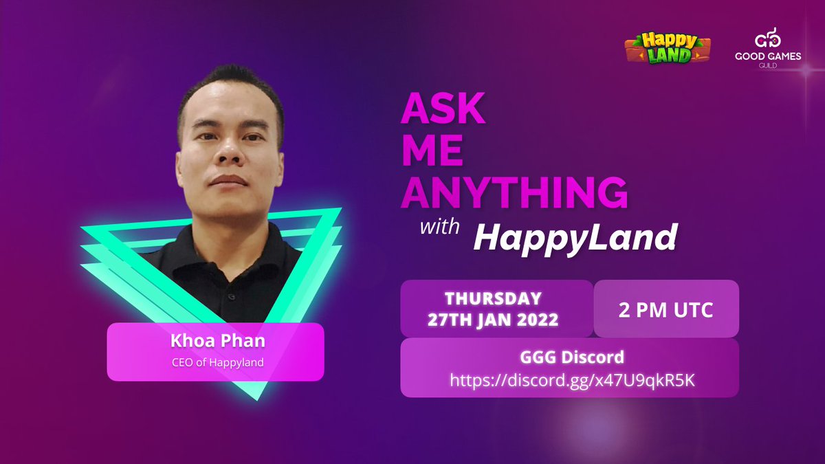 goodgamesguild's tweet photo. Good Games Guild is thrilled to conduct an #AMA with @HappyLand_HPL on 27th January 2022 at 2PM UTC! 🔥

Pool Prize: $200 🎉

📌How to join?
-Follow @goodgamesguild &amp; @HappyLand_HPL
-Join GGG Discord Server: https://t.co/L4YNghQApz
-Submit Questions here👇
https://t.co/6VsTkhenMA https://t.co/HRyMeSHJcz