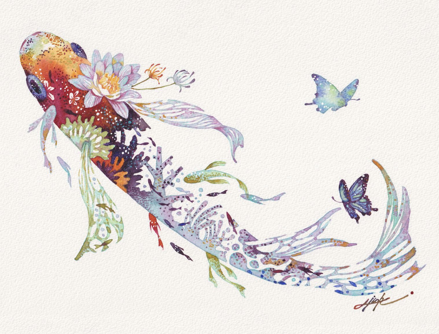水彩アート「赤メダカ」手描き原画 1点物。