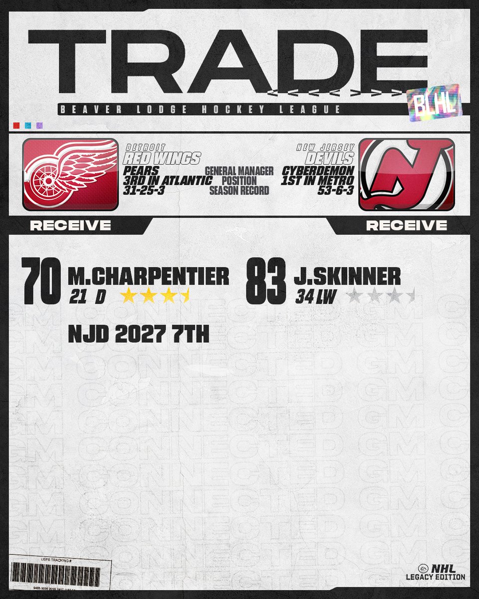 theBLHL's tweet photo. ↔️TRADE↔️ Red Wings (Pears) continue their rebuild with three trades at this season's deadline. Vets Skinner, Huberdeau, and Scheifele have been traded for picks and prospects.⁠ #GMConnected
⁠
🕙Deadline is tomorrow at 11EST⁠ https://t.co/rk0879kvRL