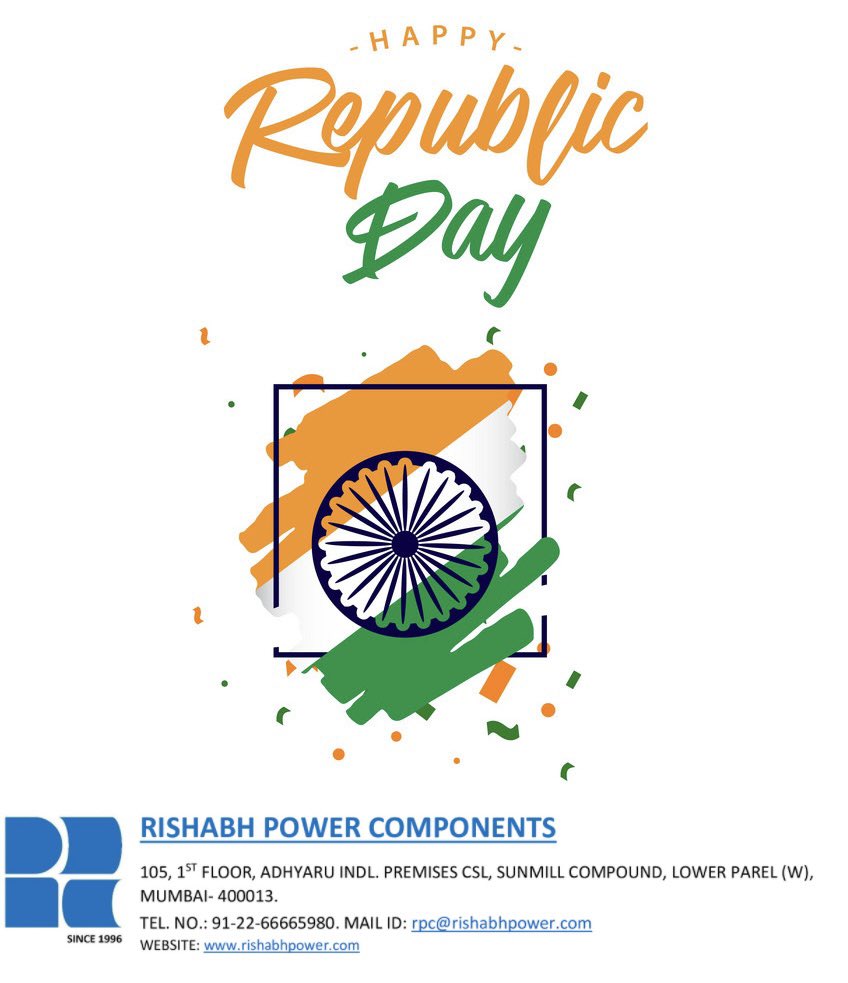 RishabhPower's tweet photo. On this special occasion, let us make a promise to our motherland that we will do all we can to enrich &amp; preserve our heritage &amp; our national ethos. 
Wishing you all a very Happy Republic Day 2022!

- Team Rishabh Power Components

#fanuc #RPC #rishabhpower #thinkrishabhpower https://t.co/fNzlmeWHKT