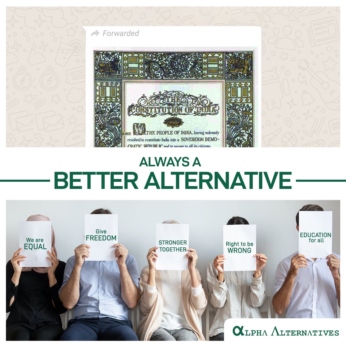 ReimagineAlpha's tweet photo. Just acknowledging the constitution on Republic day? There is always a #BetterAlternative...Be the change you want to see in the world.
Happy Republic Day 🇮🇳
#republicdayindia #RepublicDay #RepublicDay2022 https://t.co/8nxkqhSq6U