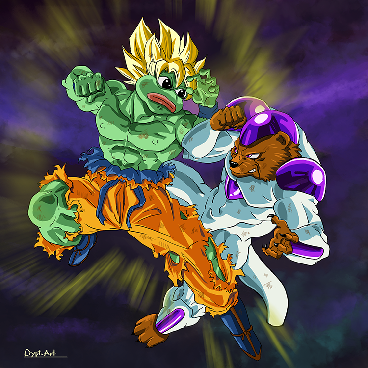Super Saiyan Pepe vs Freezer Bear!!! Pepe doesn't give up the fight. 
It's been rough, but we all know BTC is here to stay! 
RTP021 - Feel free to share 🙏
#NFT #pepethefrog #pepe #btc #crypto #pump #dump #collectible