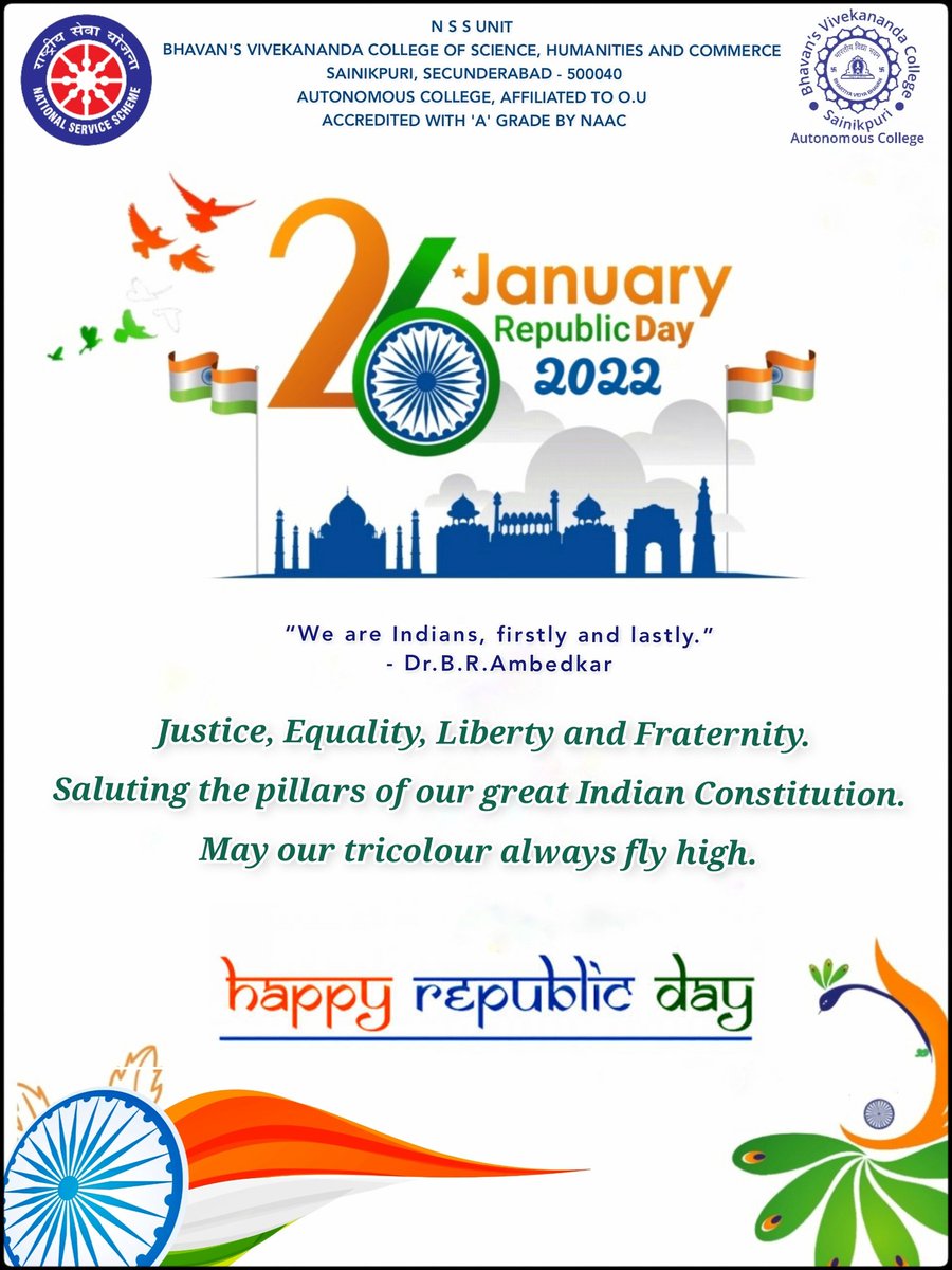 NssBhavans's tweet photo. This year,the country will celebrate its 73rd Republic Day to mark the day India became a sovereign republic. It radiates the spirit of independence and how freedom fighters and patriots had given their all for India.Happy Republic day! @_NSSIndia @YASMinistry
@ianuragthakur https://t.co/D7lMdhQBQy