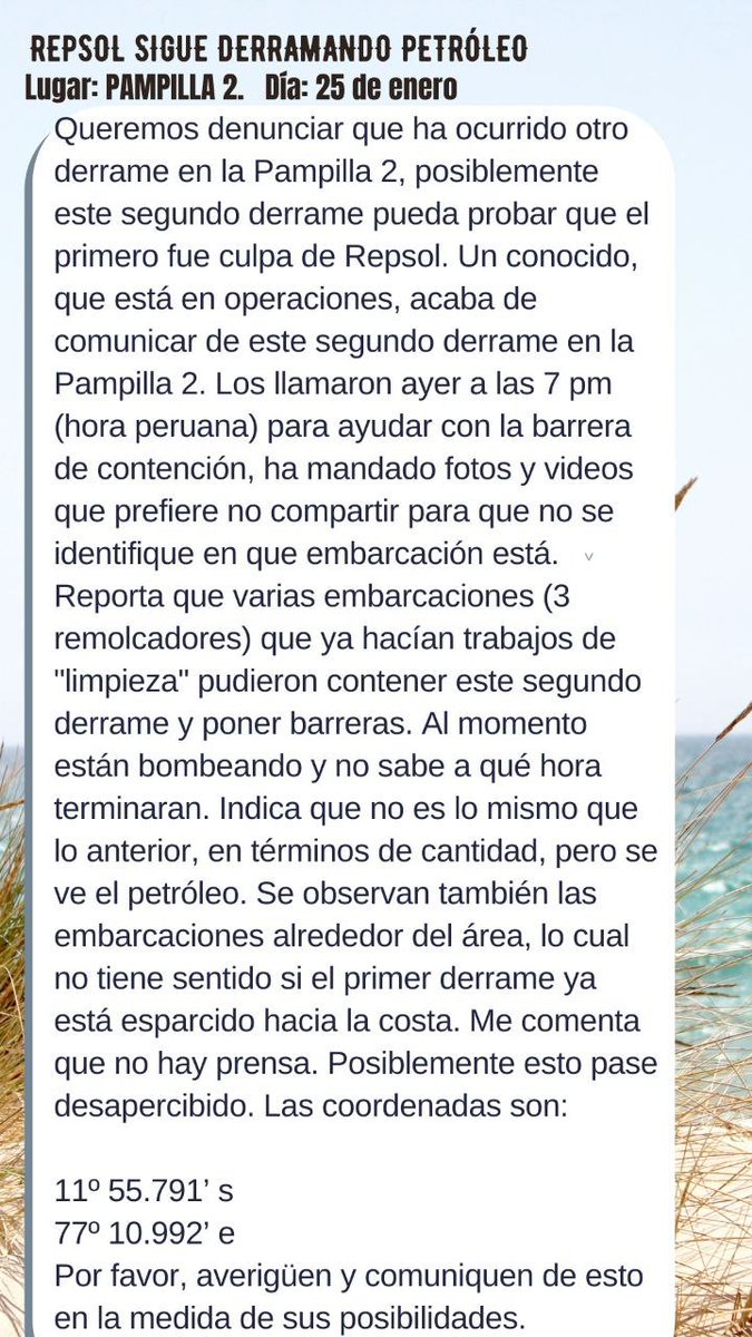 fernandomunioz7's tweet photo. @MGP_DICAPI Buenas noches al técnico de #Dicapi
Imagino tienen esta información pero les comparto
La Autoridad Marítima Nacional debe investigar ipso facto nuevo #DerrameRepsol
¿Los acusará @Repsol de nuevo?
Karma https://t.co/h9zEAoAa9Z