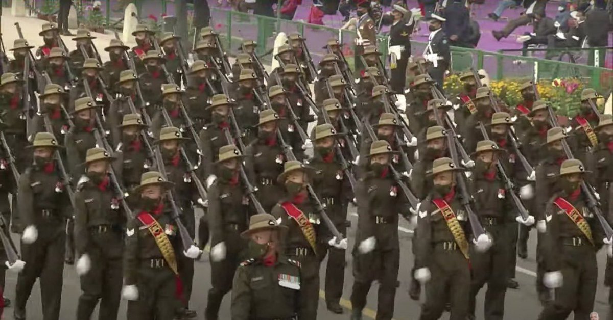 mygovindia's tweet photo. The Assam Regiment contingent, comprising exclusively of troops from all the seven North Eastern states is being commanded by Capt Gaurav Rana of 14th battalion the Assam regiment. War Cry of the Regt is ‘ ASAM VIKRAM’ &amp; motto ‘RHINO CHARGE’. #RepublicDay https://t.co/GYCgADC77v