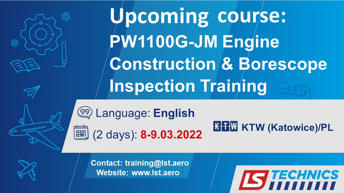 LsTechnics's tweet photo. 🔜 PW1100G-JM Engine Construction &amp; Borescope Inspection Training coming up at LS Technics on 8-9.03.2022.
A few places remaining, book yours now at: training@lst.aero 
#aviationcourses #aircraftmaintenance #iloveplanes 😃✈👍✈️ https://t.co/Y1C7SA9UXt