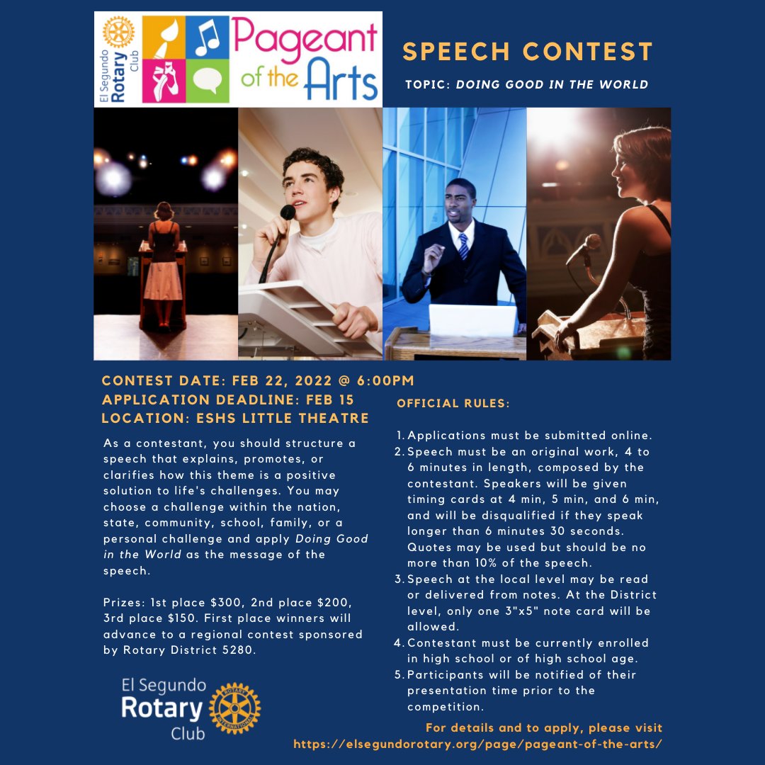 GundoRotary's tweet image. 📣El Segundo Rotary Club presents - PAGEANT OF THE ARTS 2022. Featuring competitions in ART🎨, DANCE💃, SPEECH🗣️, and MUSIC🎵. Open to High School students within the El Segundo area. Please see event flyer for details or visit elsegundorotary.org/page/pageant-o… to register. ⭐