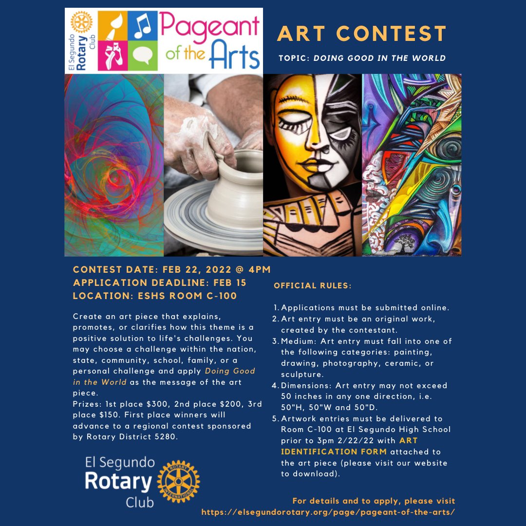 GundoRotary's tweet image. 📣El Segundo Rotary Club presents - PAGEANT OF THE ARTS 2022. Featuring competitions in ART🎨, DANCE💃, SPEECH🗣️, and MUSIC🎵. Open to High School students within the El Segundo area. Please see event flyer for details or visit elsegundorotary.org/page/pageant-o… to register. ⭐