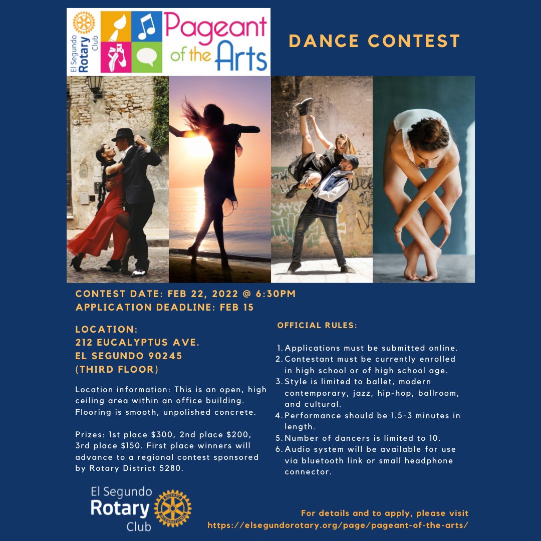 GundoRotary's tweet image. 📣El Segundo Rotary Club presents - PAGEANT OF THE ARTS 2022. Featuring competitions in ART🎨, DANCE💃, SPEECH🗣️, and MUSIC🎵. Open to High School students within the El Segundo area. Please see event flyer for details or visit elsegundorotary.org/page/pageant-o… to register. ⭐