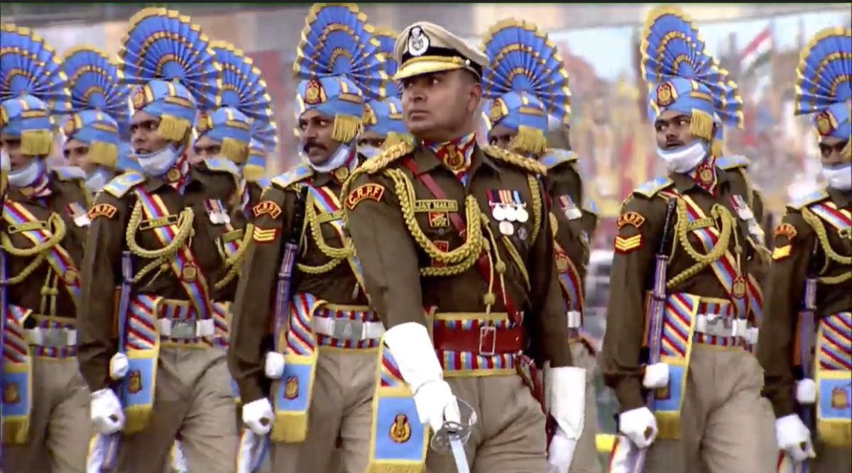 mygovindia's tweet photo. CRPF Marching Contingent comprising of 99 personnel is led by Asst Commandant Ajay Malik.Valiant soldiers of the Force have performed prodigies of valour equally in pre as well as post-independence periods.The Motto of the CRPF is ‘Service &amp; Loyalty’. #RepublicDay https://t.co/1nGcmcav32