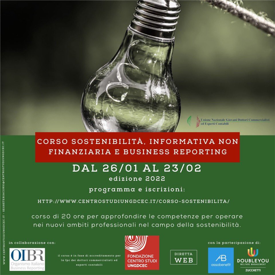 🔵 Dal oggi al 23/2 Corso su #sostenibilità, informativa non finanziaria e business reporting organizzato da <a href="/UngdcStudi/">Fondazione Centro Studi UNGDC</a> con la partecipazione di Assobenefit
Fra i relatori, il 9/2 su #societàbenefit, il nostro Direttore <a href="/raulcaruso/">Raul Caruso</a> 

Info: centrostudiungdcec.it/corso-sostenib…