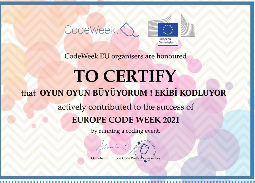 sinancizik's tweet photo. #CodeWeekEu2021 Avrupa Kod Haftası Sertifikamız. eTwinning projelerimizde öğrencilerle beraber yaptığımız kodlama çalışmalarıyla sertifikası almaya hak kazandık. @usakilmem @eTwinning_Usak https://t.co/R9OoAhP28d