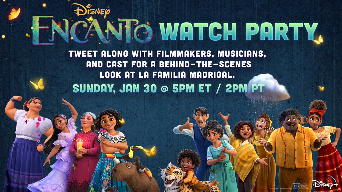 EncantoMovie's tweet photo. ¡Vamos, vamos! Set a reminder, prepare the arepas, and gather la familia for a magical #Encanto Twitter watch party this Sunday at 2pm PT/5pm ET. Tweet along with the incredible cast, filmmakers, and musicians to learn about what it took to bring the family Madrigal to life! ✨🦋 https://t.co/XN2yOU3ow7