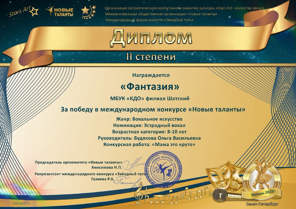 25.01.2022 ф-л Шатский. Награды вокальных коллективов. Рук. О.В. Будякова.