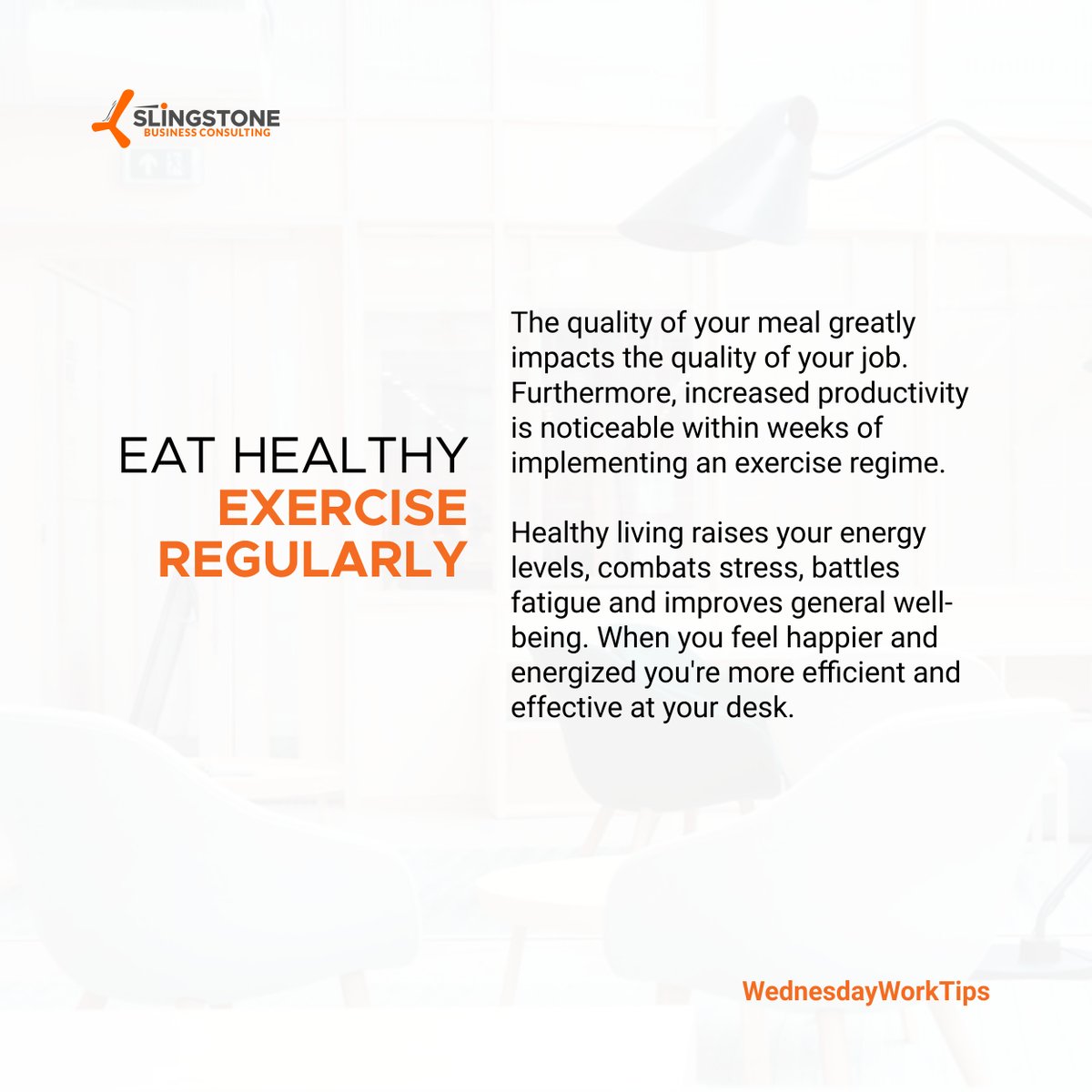 SlingstoneC's tweet photo. Believe it or not, healthy living raises your energy levels, combats stress, battles fatigue and improves general well-being. When you feel happier and energized you're more efficient and effective at your desk.
#WednesdayWorkTips #SlingstoneConsulting https://t.co/n1nyZZwhrZ
