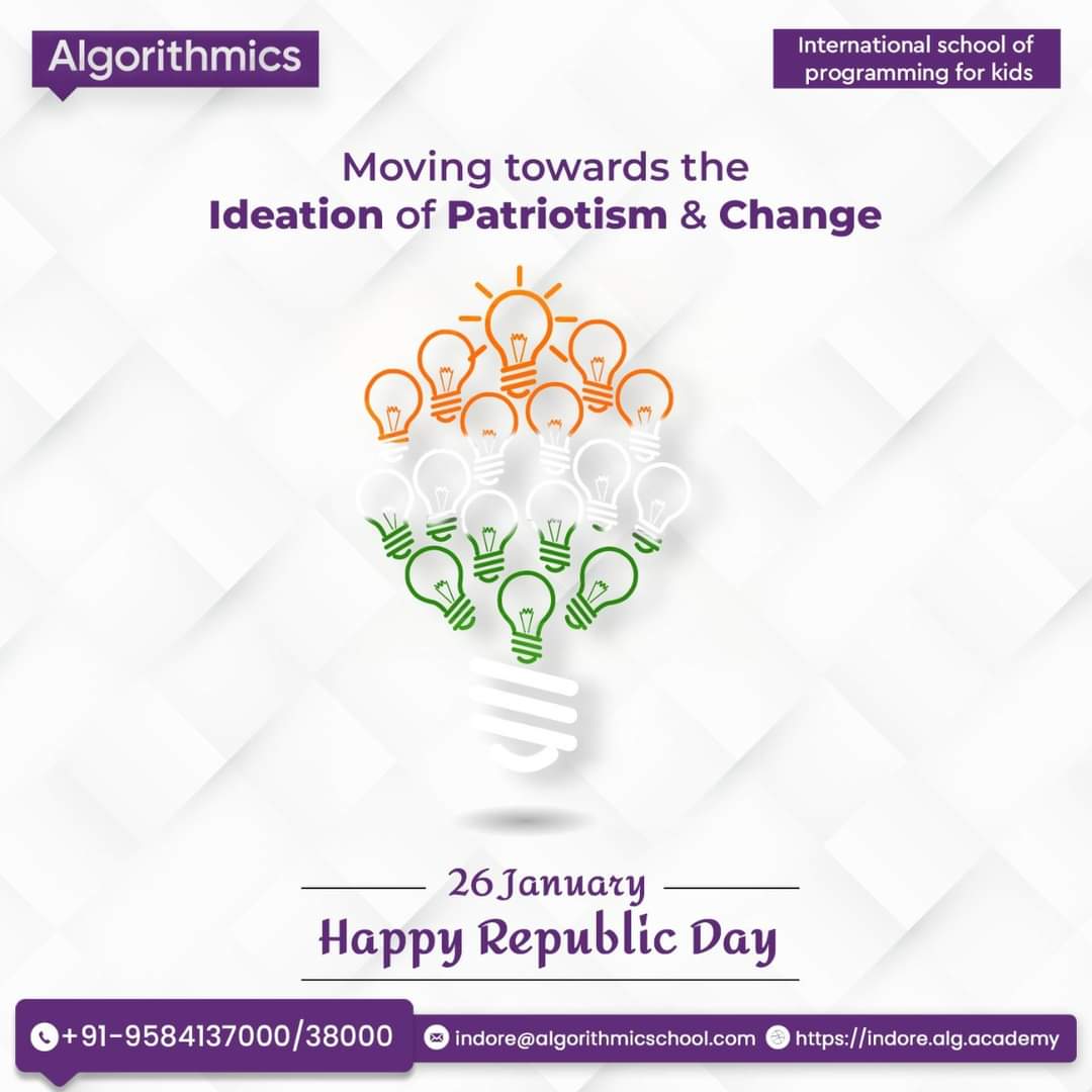 algorithmicsind's tweet image. Happy Republic Day!
Moving forward with mindsets that encourage and welcome change and the goals to contribute to society and the nation.

Enroll today for a FREE Demo Class

📲 9584137000 / 38000
🌐 indore.alg.academy

#indianrepublicday #republicday #patriotism