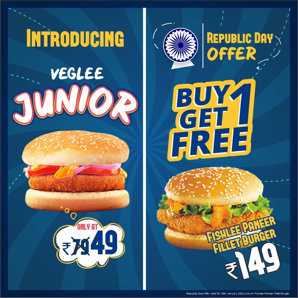 FishleeIndia's tweet photo. Special Republic Day Offer Buy 1 Fishlee Paneer Filet Burger Get 1 Free @149 Onlee.

Introducing Veglee Junior onlee @49

Offer valid only on dine-in and direct orders.

#Fishlee #FishFood #Burger #RepublicDayOffer #RepublicDay #RepublicDay2022 #HappyRepublicDay #73rdRepublicDay https://t.co/MZjBTf4NMQ